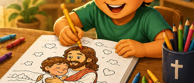 Criança colorindo uma página bíblica para colorir
