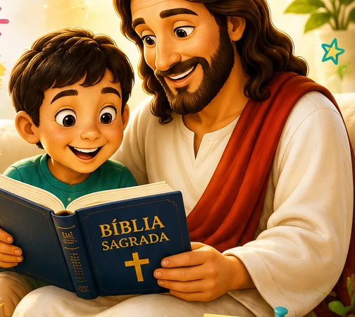 Momento de leitura entre Jesus e uma criança, parte dos devocionais ilustrados