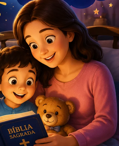 Mãe e filho lendo a Bíblia juntos antes de dormir
