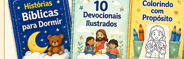 Capas dos 3 bônus inclusos: Noites com Jesus, 10 Devocionais Ilustrados e Colorindo com Propósito