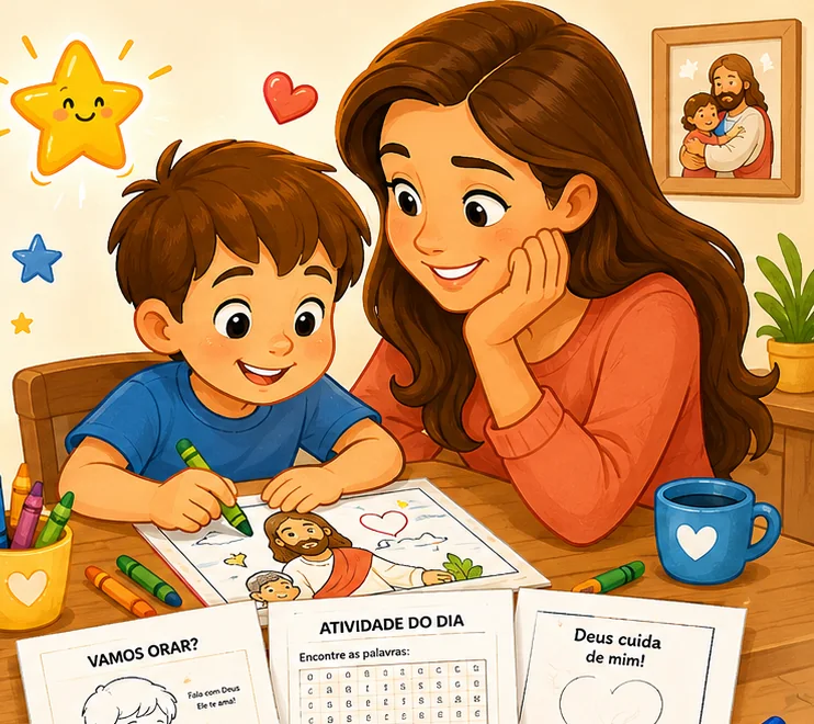 Mãe e filho fazendo juntos uma atividade do material 30 Dias com Jesus, à mesa, longe das telas